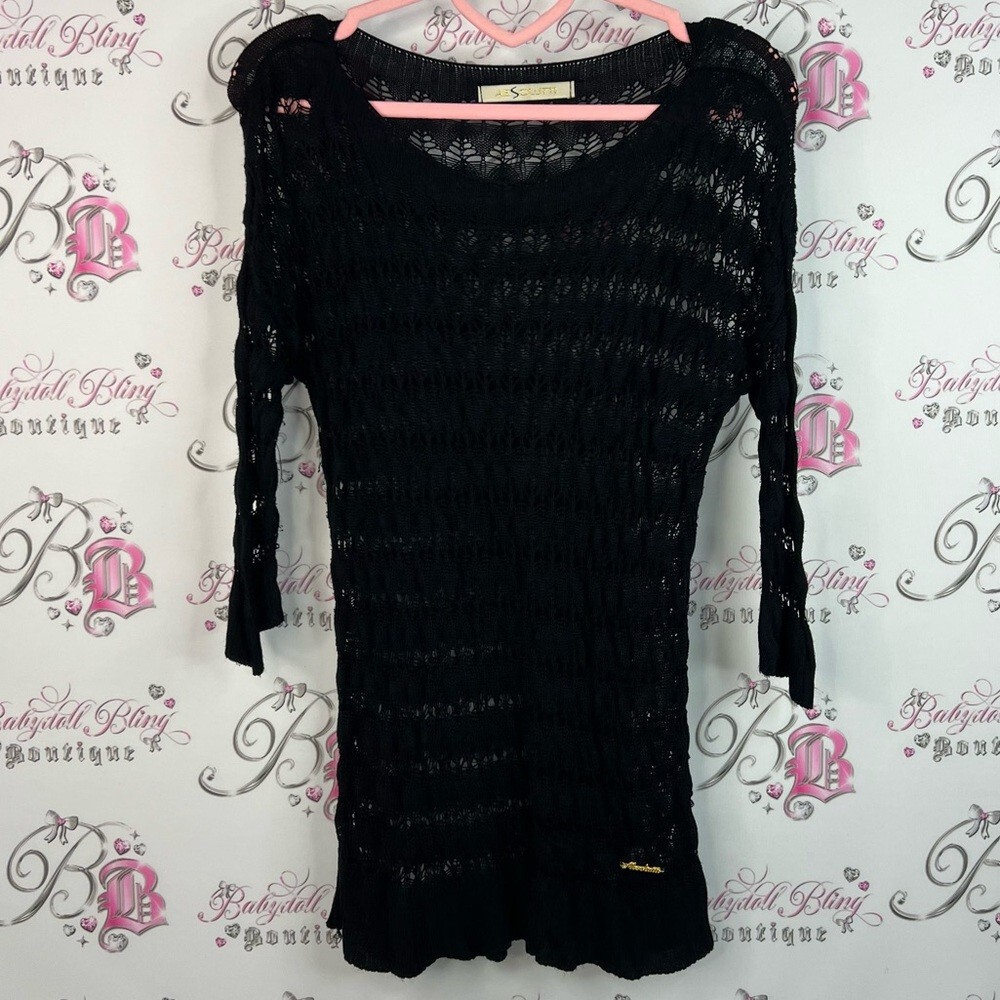 Absolutti long sleeve crochet knit top gold emblem knitted Black Lace Top